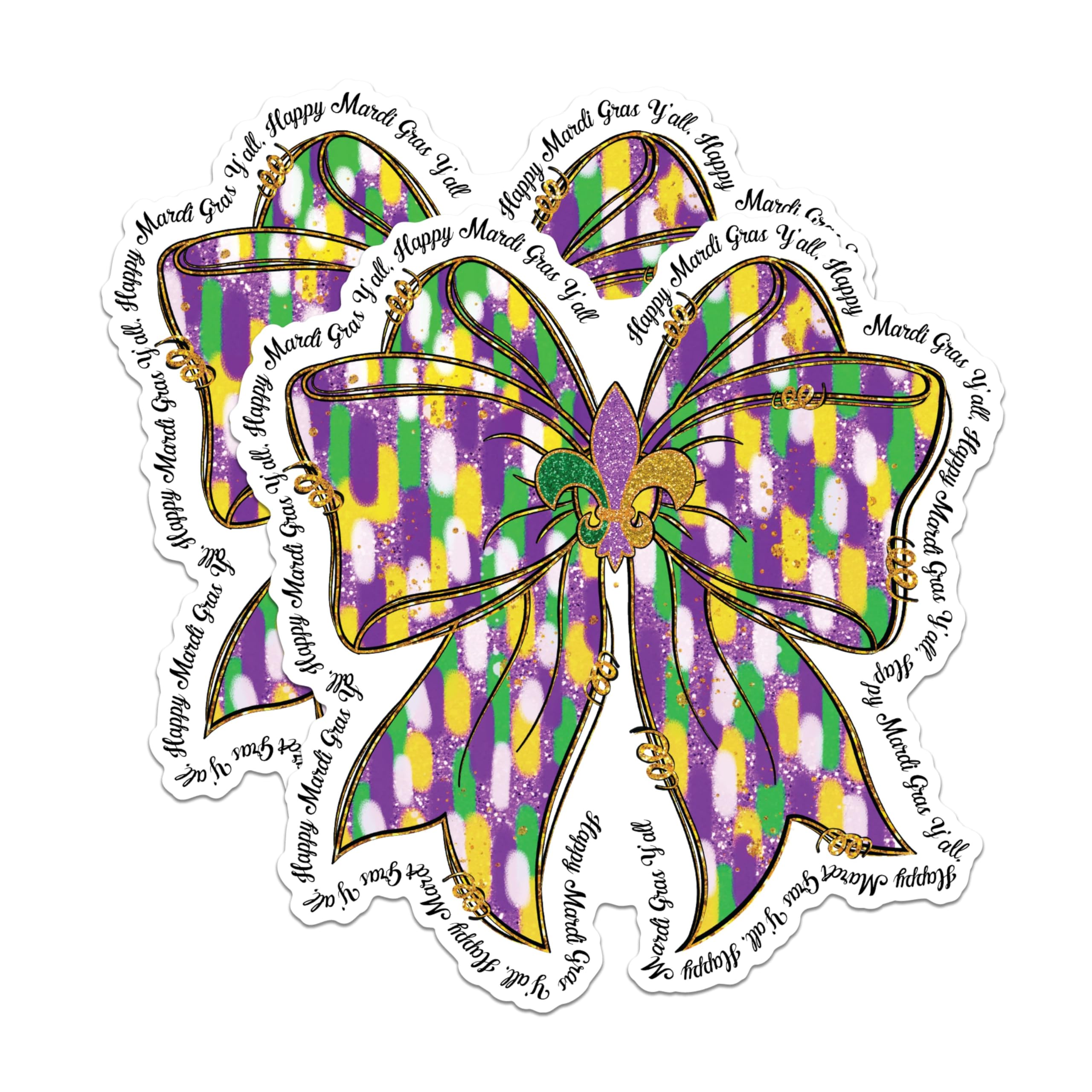 (2 Pack) Mardi Gras Bow Stickers - Festive New Orleans Stickers - Carnival Celebration Stickers - 5" On Longest Side - Sticks to Any Smooth Flat Surface - Made in USA - BMCS2953