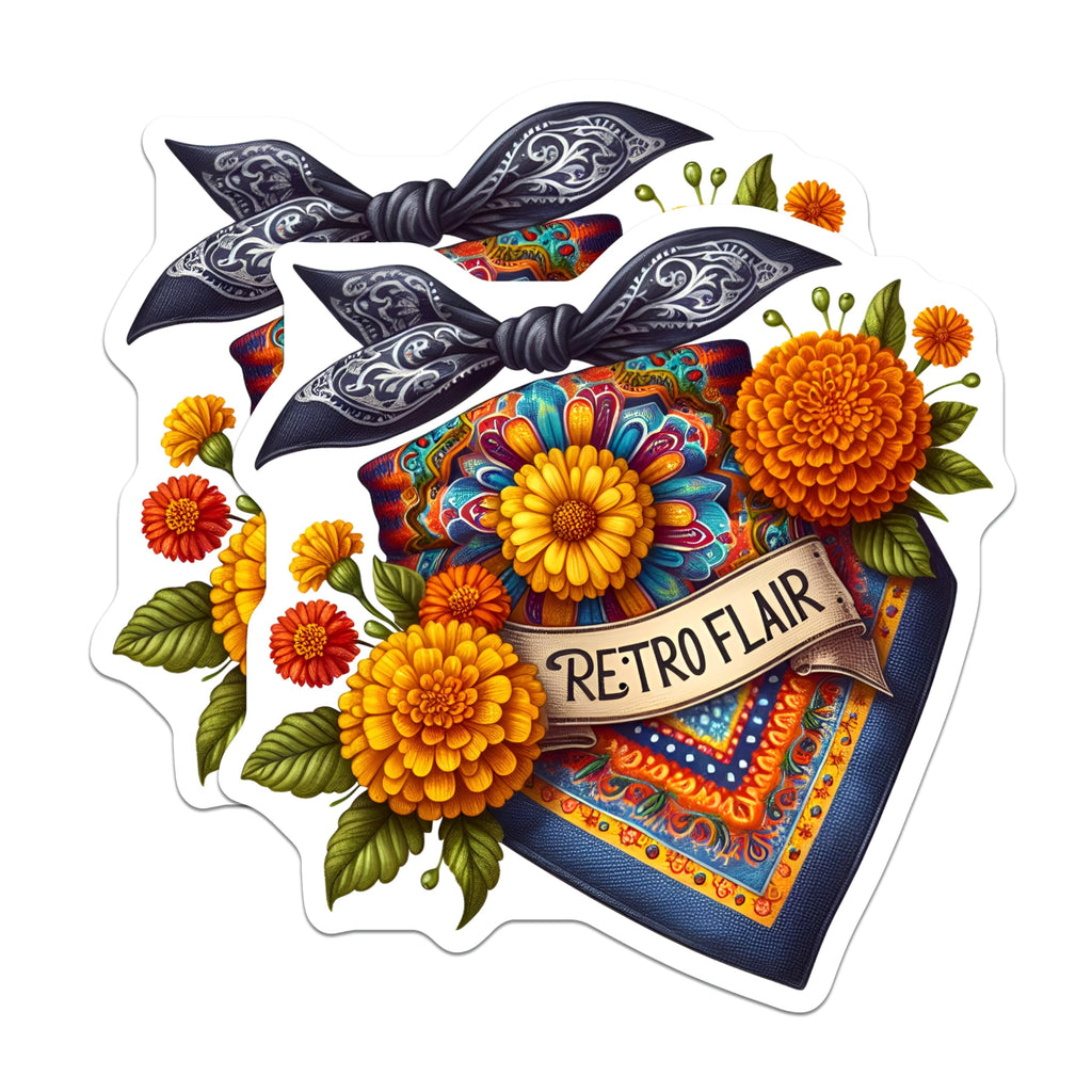 (2 Pack) Retro Chic Flower Stickers - Boho Floral Design - Funky Bandana Art - 5" On Longest Side - Sticks to Smooth Flat Surfaces - Made in USA - BMCS8844 - Vibrant Retro Flair Decal