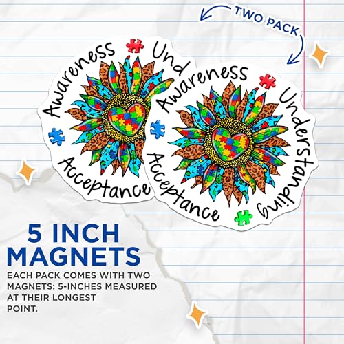 (2 Pack) Autism Awareness Magnets Magnets - Understanding Puzzle Piece - Acceptance Sunflower Design - 5" On Longest Side - Made in USA - Sticks to Refrigerators & Metal Surfaces - MAG8477