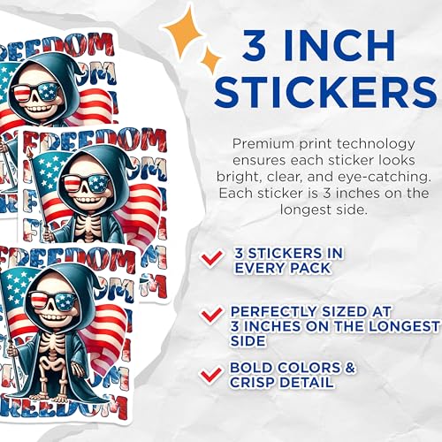 (3 Pack) Patriotic Grim Reaper Decals - American Flag - Skull Decor - 3 Inches On Longest Side - Easy Peel & Apply - Made in USA - 3MCS6676