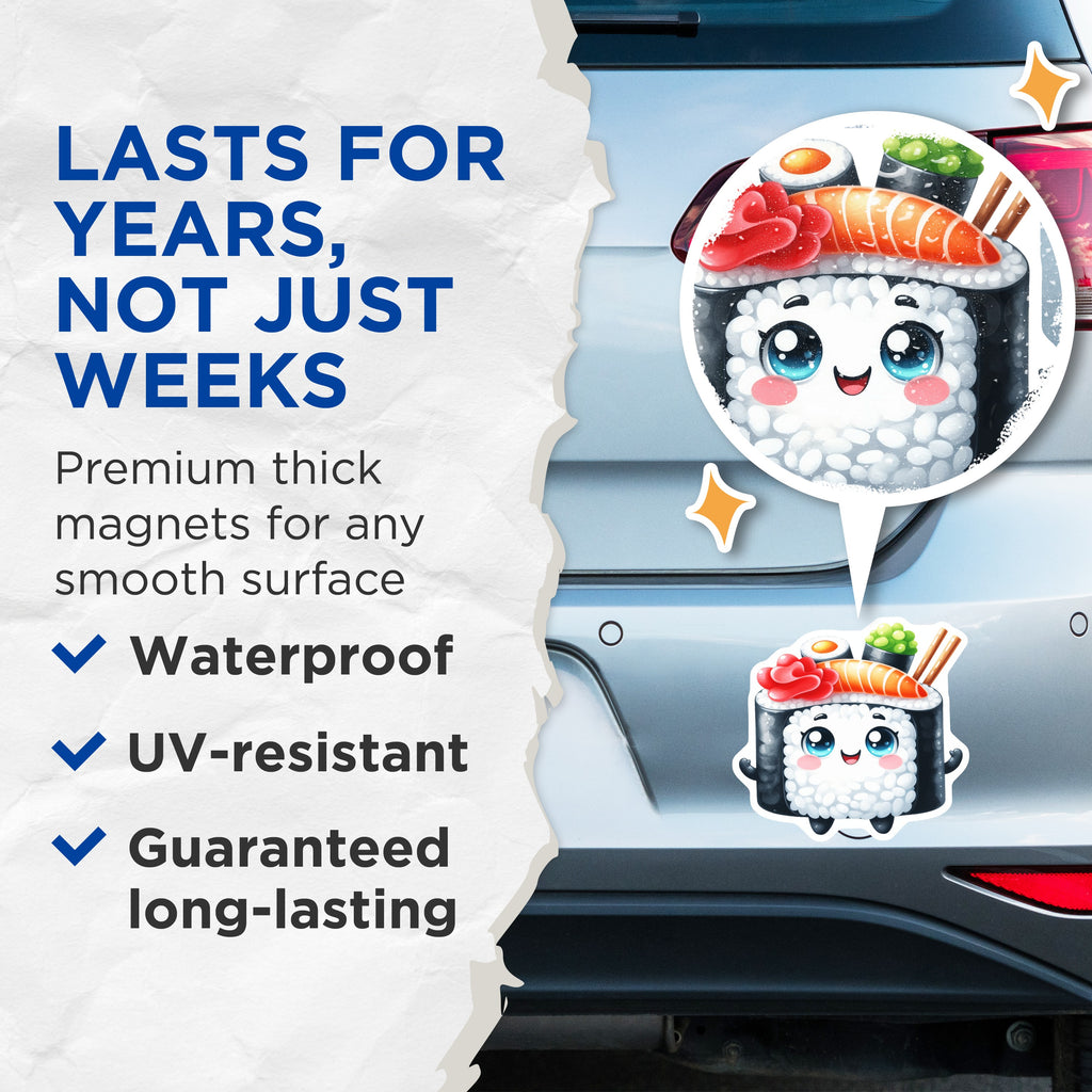 (2 Pack) Cute Sushi Magnets - Kawaii Foodie Refrigerator Decor - Adorable Anime Kitchen Accessories - 5 Inches On Longest Side - Thick Durable Magnet - Made in USA - MAG38555