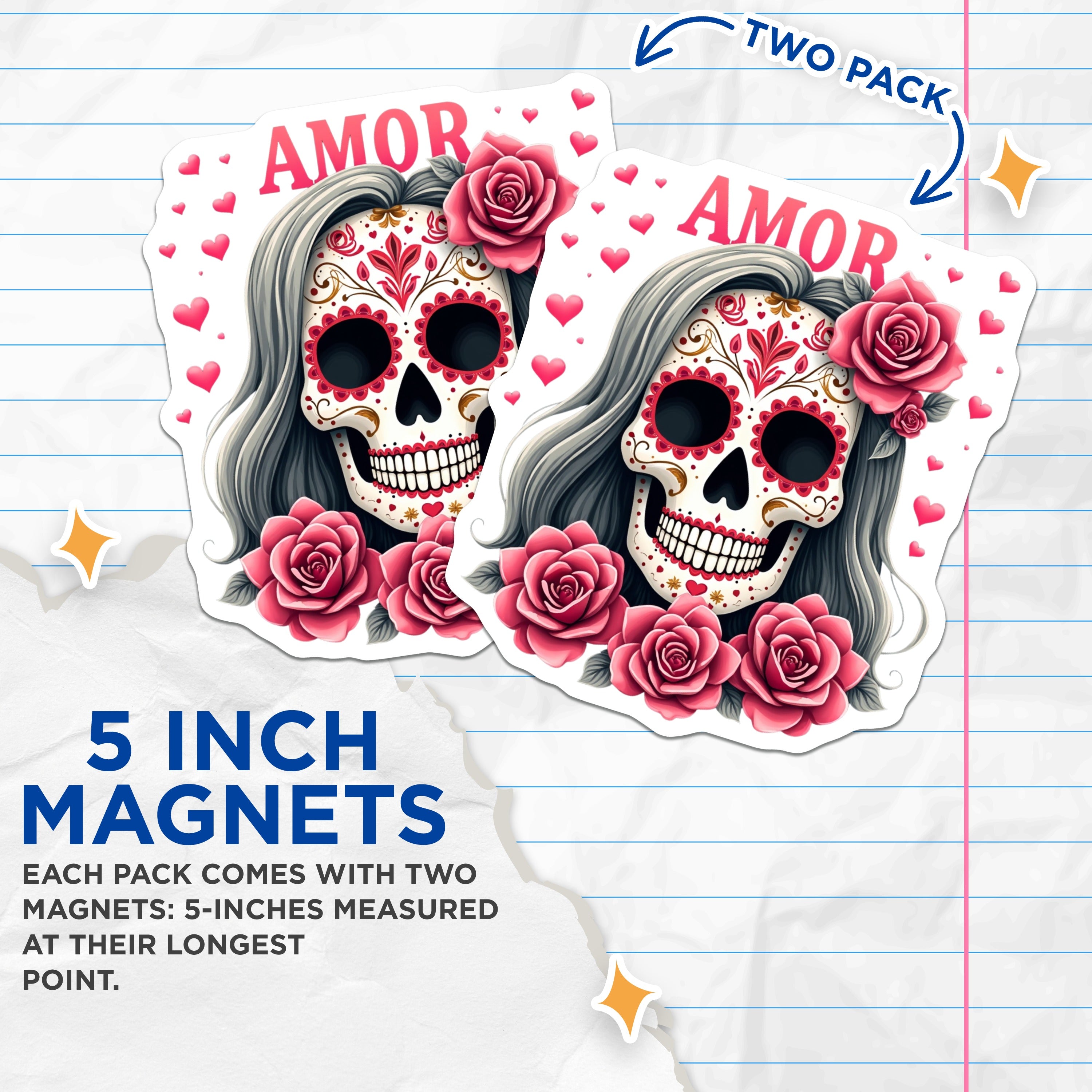 (2 Pack) Day of the Dead Magnets - Sugar Skull Calavera Art - Romantic Floral Design - Amor Love Skeleton Decor - 5 Inches On Longest Side - Thick Durable Magnet - Made in USA - MAG38437
