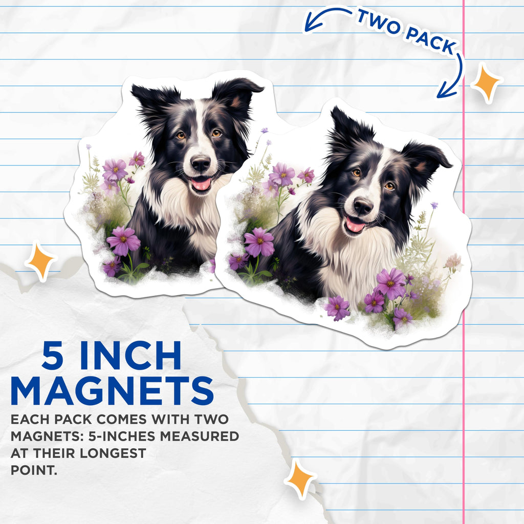 (2 Pack) Border Collie Magnets - Dog Lover Magnets - Floral Pet Decor Fridge Whiteboard - 5 Inches On Longest Side - Thick Durable Magnet - Made in USA - MAG27795