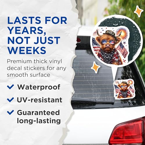 (2 Pack) Patriotic Highland Cow Stickers - Independence Day - USA Flag - Funny Animal - Cute Highland Cow - 5" On Longest Side - Sticks to Smooth Flat Surfaces - Made in USA - BMCS6350