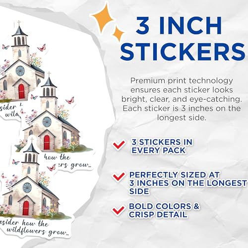 (3 Pack) Church Wildflowers Decals - Religious Quote - Laptop Decal - Floral Church - Butterfly Decal - 3 Inches On Longest Side - Easy Peel & Apply - Made in USA - 3MCS7330