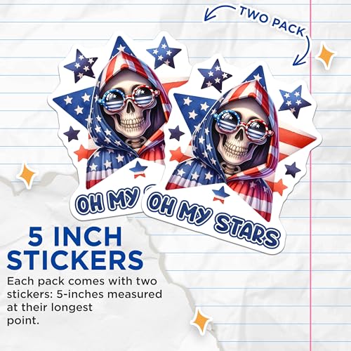 (2 Pack) Patriotic Skull Stickers - Oh My Stars - USA Flag Hood - Star Spangled Skull Decal - 5" On Longest Side - Sticks to Smooth Flat Surfaces - Made in USA - BMCS7923