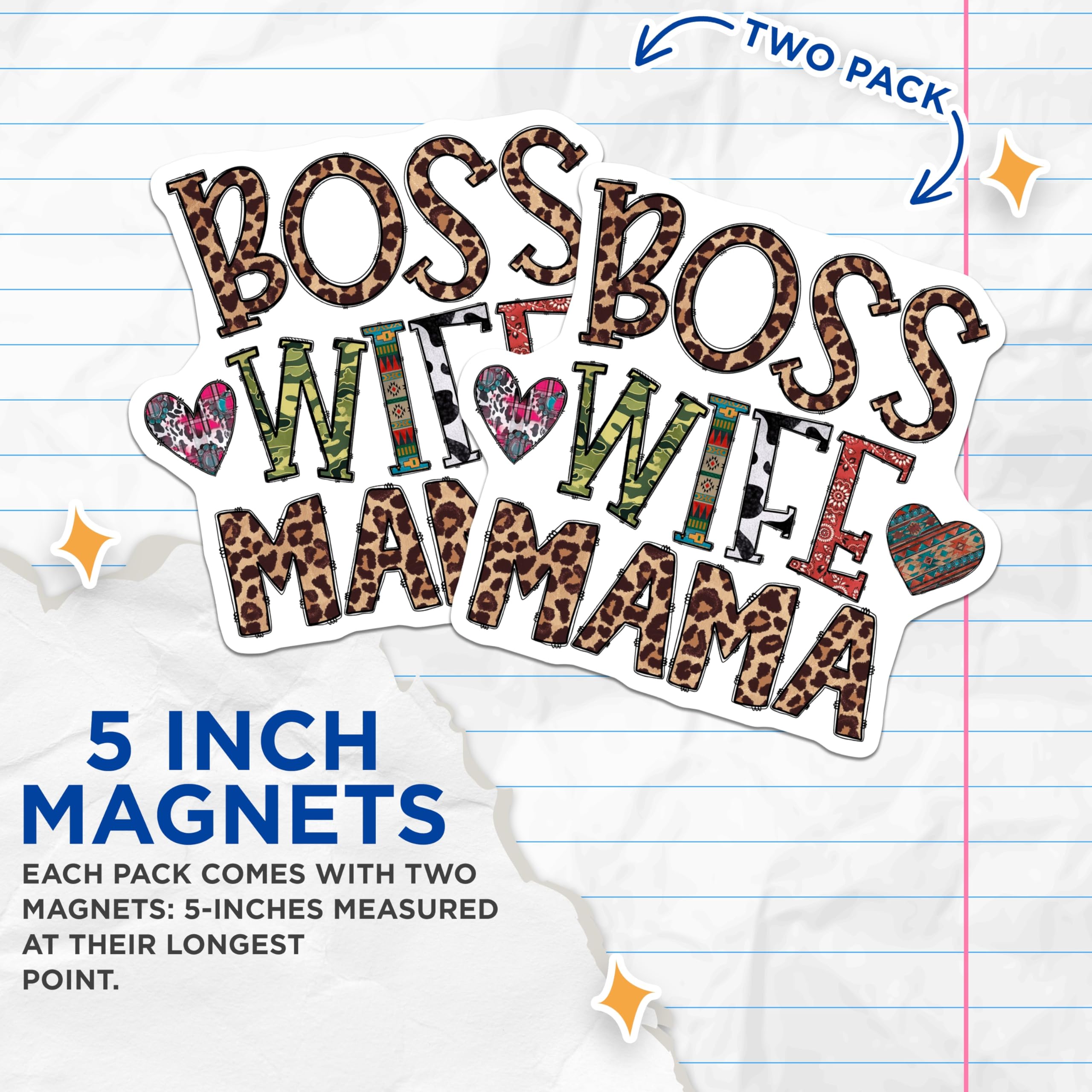(2 Pack) Boss Wife Mama Magnets - Trendy Mom Life Decor - Multi Patterned Mama Accessories - 5 Inches On Longest Side - Thick Durable Magnet - Made in USA - MAG30663