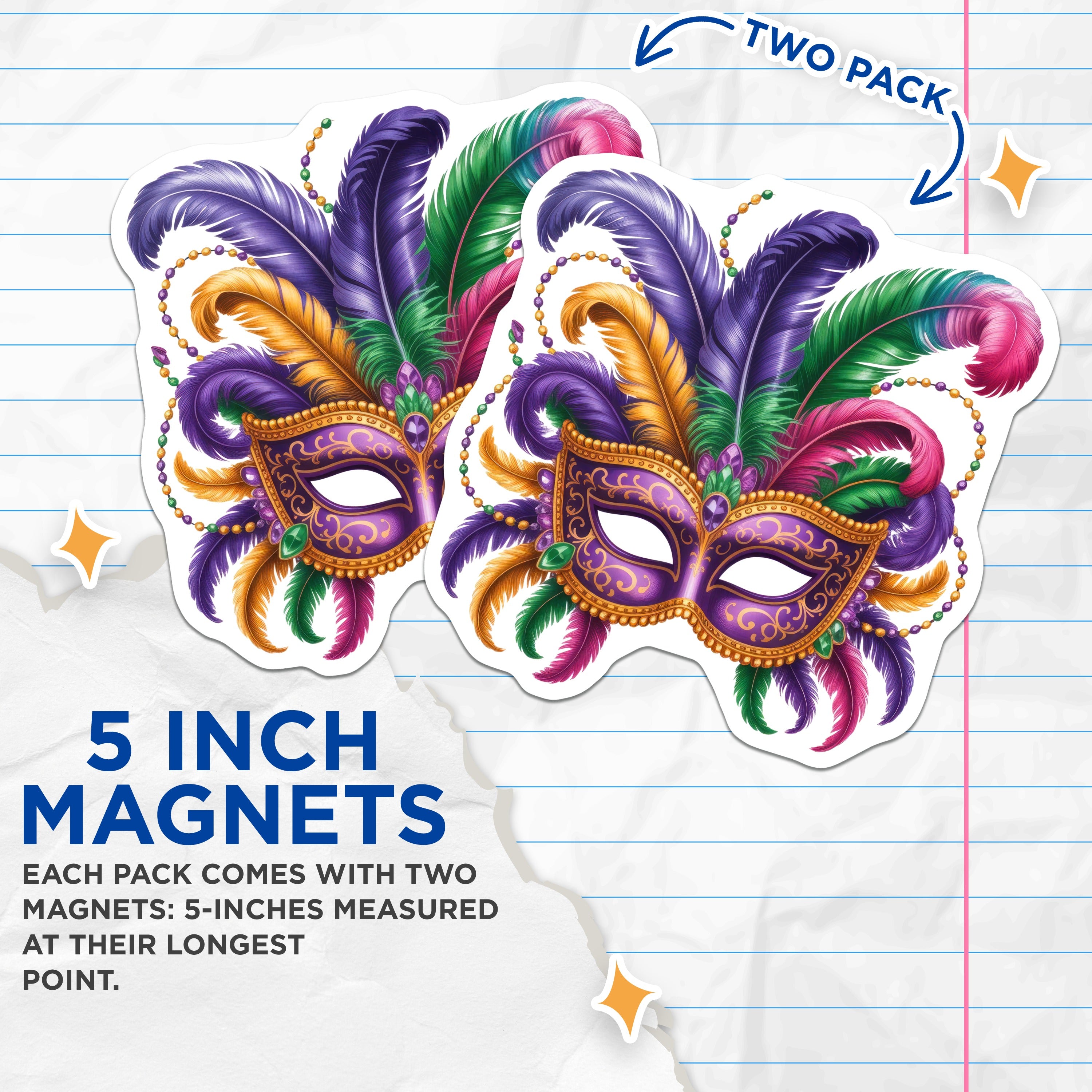 (2 Pack) Mardi Gras Mask Magnets - New Orleans Festivity - Masquerade Carnival Decor - Purple Gold Green Flair - 5 Inches On Longest Side - Thick Durable Magnet - Made in USA - MAG39049