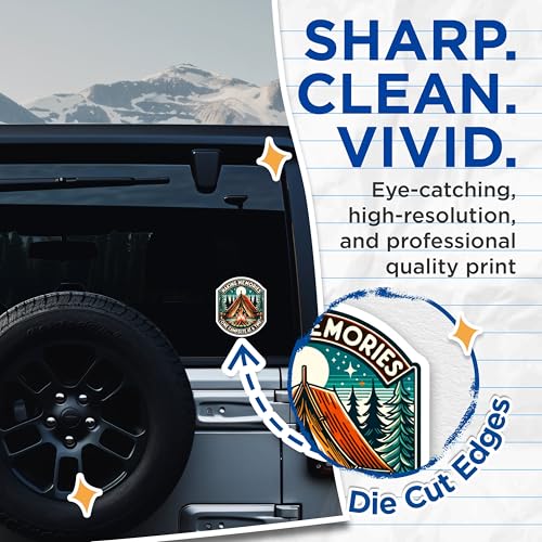 (2 Pack) Camping Adventure Stickers - Making Memories Stickers - Campsite Fire Stickers - 5" On Longest Side - Sticks to Smooth Flat Surfaces - Made in USA - BMCS6934