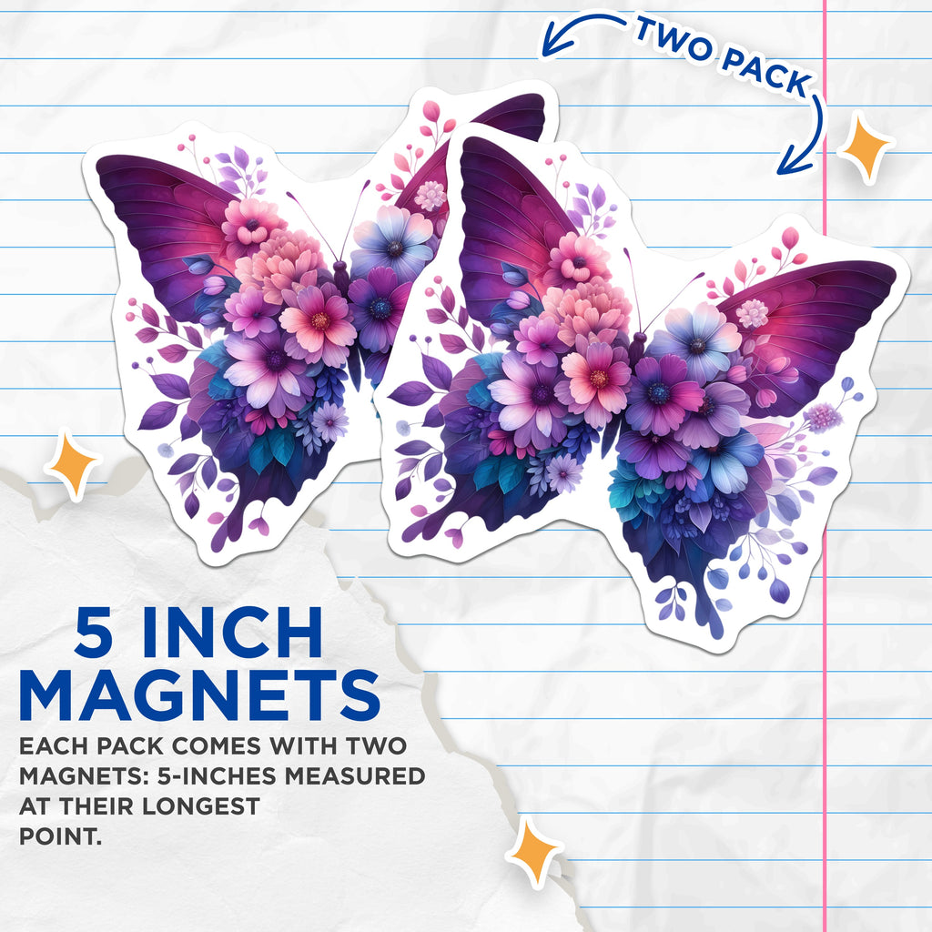 (2 Pack) Floral Butterfly Magnets - Whimsical Flower Art - Purple Pink Fridge Decor for Women - 5 Inches On Longest Side - Thick Durable Magnet - Made in USA - MAG39534