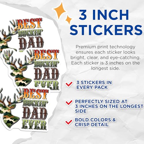 (3 Pack) Best Buckin Dad Decals - Camo Deer Head - Gift for Dad - Laptop Decal - 3 Inches On Longest Side - Easy Peel & Apply - Made in USA - 3MCS2013