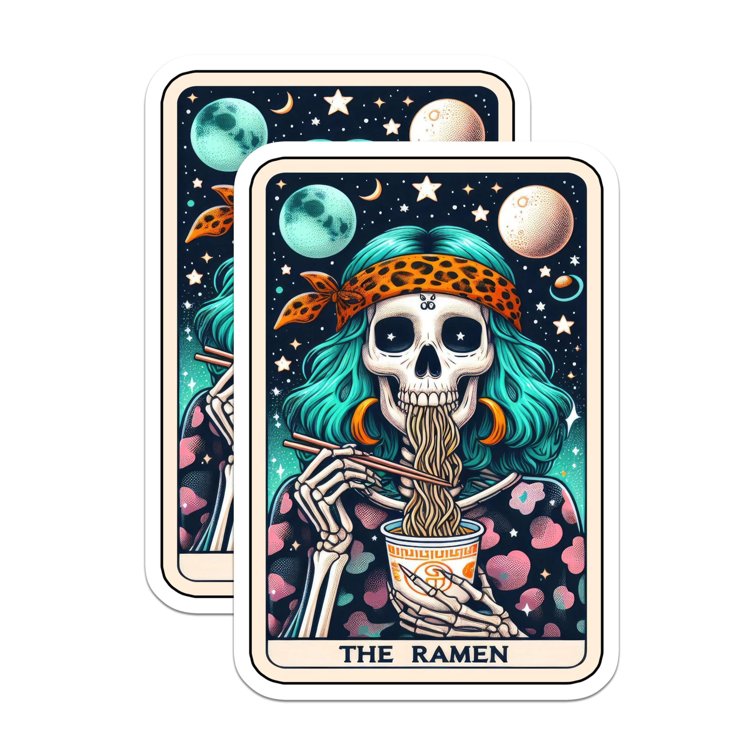 (2 Pack) Skull Ramen Stickers - Skeleton Dinner - Cosmic Food Art - Spooky Space Noodles Decal - Kawaii Macabre Sticker - 5" On Longest Side - Sticks to Smooth Flat Surfaces - Made in USA - BMCS5485