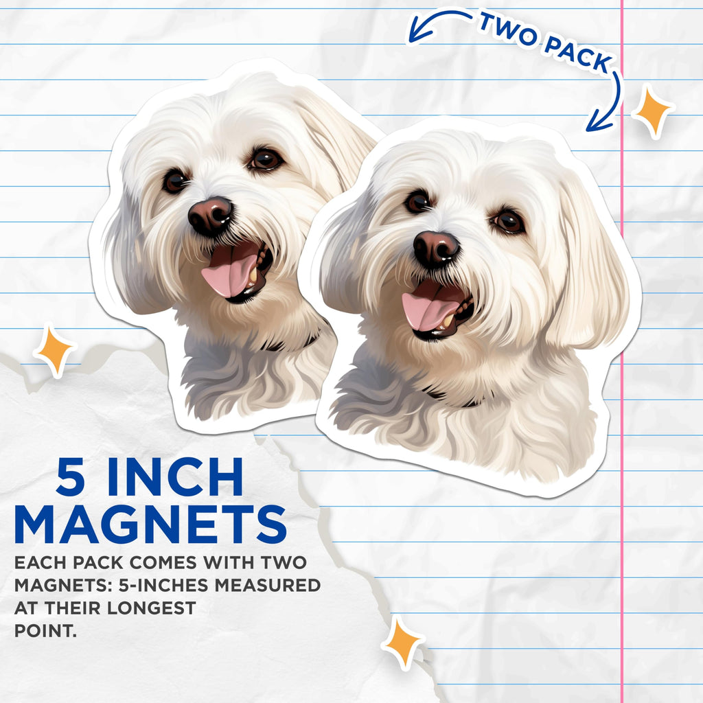 (2 Pack) Maltese Dog Magnets - Happy Fluffy White Puppy Fridge Refrigerator Magnets - Dog Mom Kitchen Locker Decor - 5 Inches On Longest Side - Thick Durable Magnet - Made in USA - MAG29594