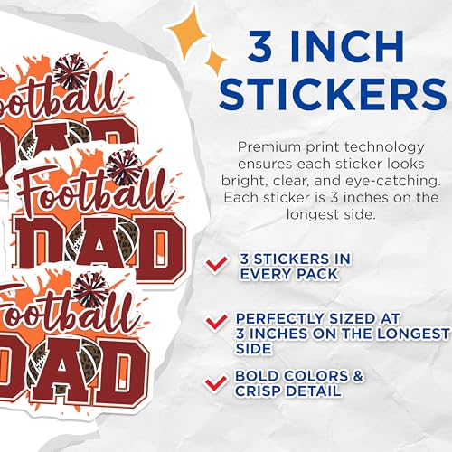 (3 Pack) Football Dad Decals - Sports Fan - Father's Day Laptop Decal - 3 Inches On Longest Side - Easy Peel & Apply - Made in USA - 3MCS7537