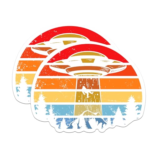 (2 Packs) Alien UFO Abducting Bigfoot Stickers - Alien Abduction Bigfoot Decals - 5 Inches On Longest Side - Premium Vinyl Decal - Sticks to Any Smooth Flat Surface - Made in USA - BMCS2345