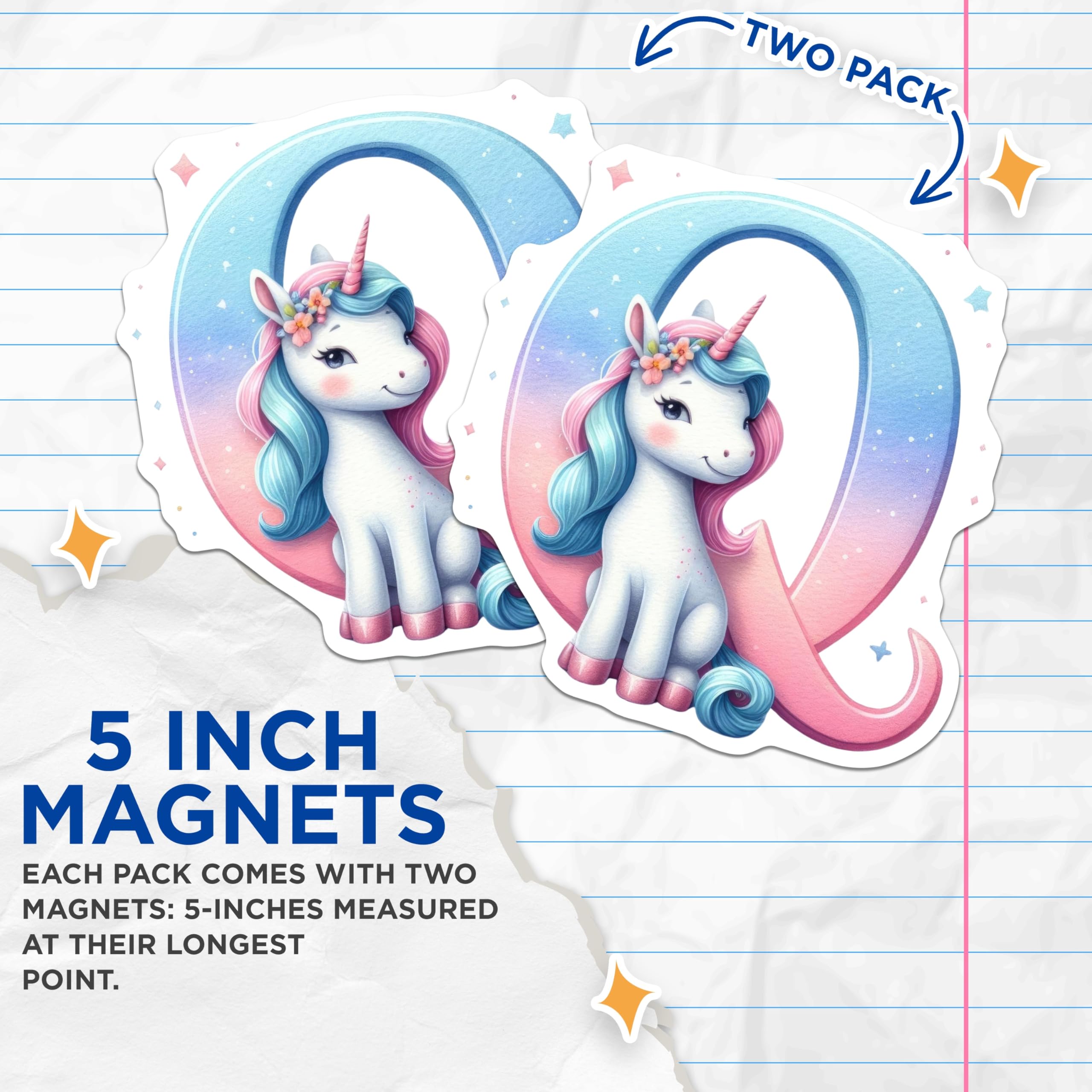 (2 Pack) Unicorn Letter Q Magnets - Initial Q Decor - Pastel Unicorn Lovers - 5" On Longest Side - Premium Magnet - for Cars, Refrigerators, Toolboxes, Lockers - Made in USA - MAG14554