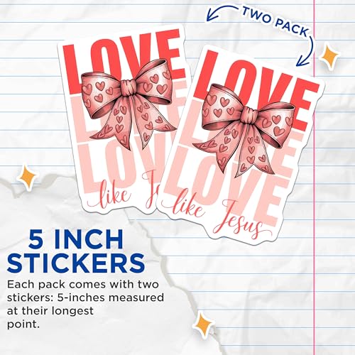 (2 Pack) Inspirational Love Like Jesus Stickers - Christian Faith - Heart Bow Decal - 5" On Longest Side - Sticks to Smooth Flat Surfaces - Made in USA - BMCS8953