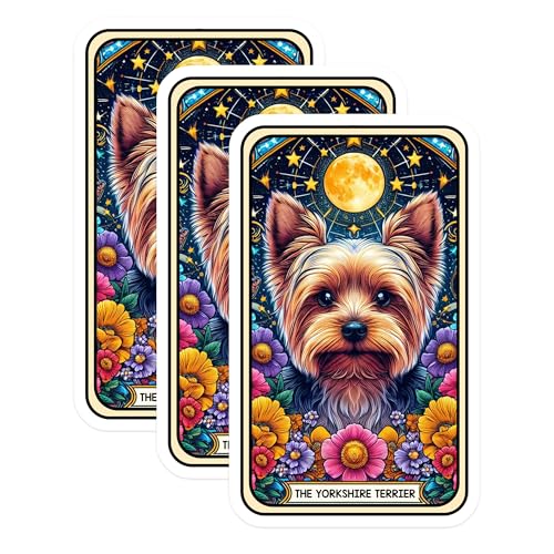 (3 Pack) Yorkshire Terrier Decals - Tarot Card Art - Dog Breed Sticker - 3 Inches On Longest Side - Easy Peel & Apply - Made in USA - 3MCS4340
