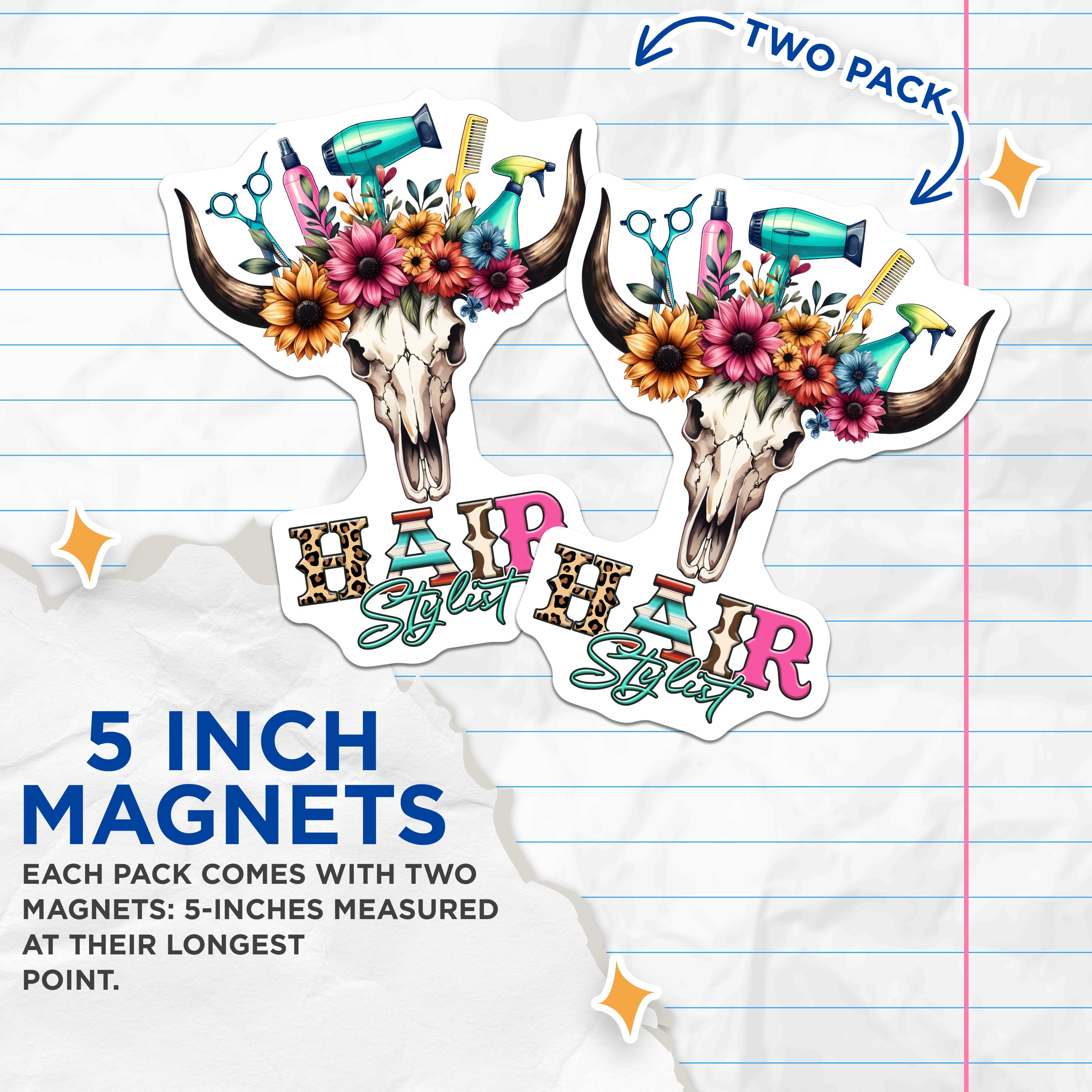 (2 Pack) Hair Stylist Magnets - Boho Western Skull - Salon Decor - Cosmetologist Appreciation - 5 Inches On Longest Side - Thick Durable Magnet - Made in USA - MAG36322