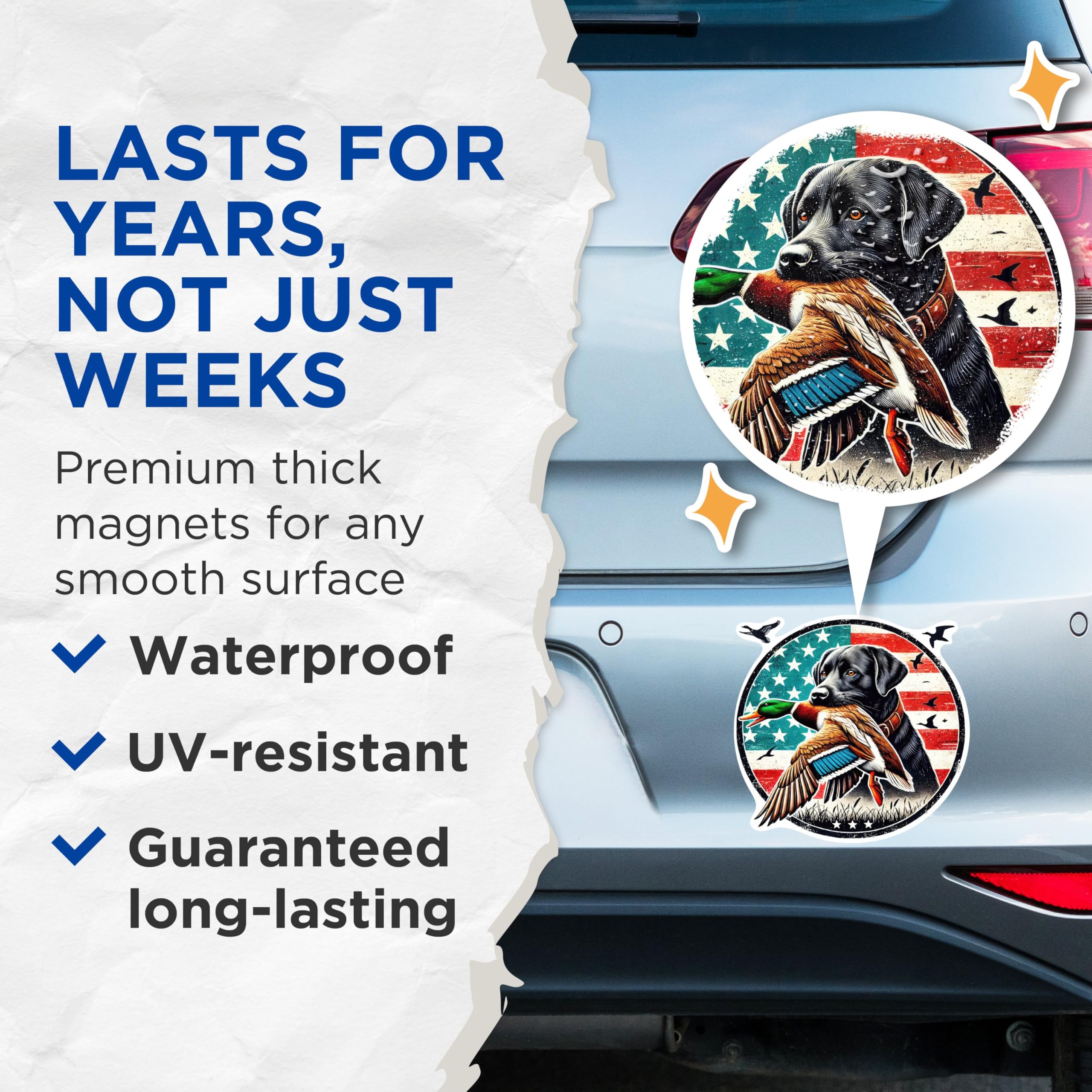 (2 Pack) Dog with Duck Magnets - Hunting Dog Magnets - Lab Hunting Dog Magnets - 5 Inches On Longest Side - Premium Magnet - for Cars, Refrigerators, Toolboxes - Made in USA - MAG2098
