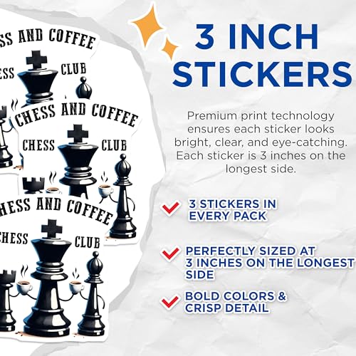 (3 Pack) Chess and Coffee Decals - Chess Club Sticker - Laptop Decal - 3 Inches On Longest Side - Easy Peel & Apply - Made in USA - 3MCS1971