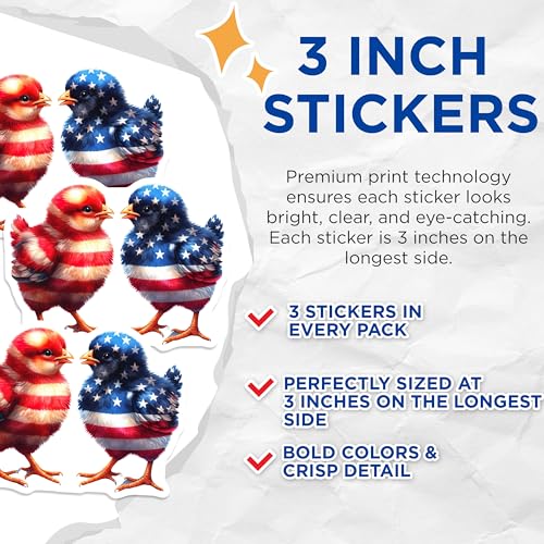 (3 Pack) Patriotic Chick Decals - American Flag Decal - Laptop Decal- 3 Inches On Longest Side - Easy Peel & Apply - Made in USA - 3MCS5228