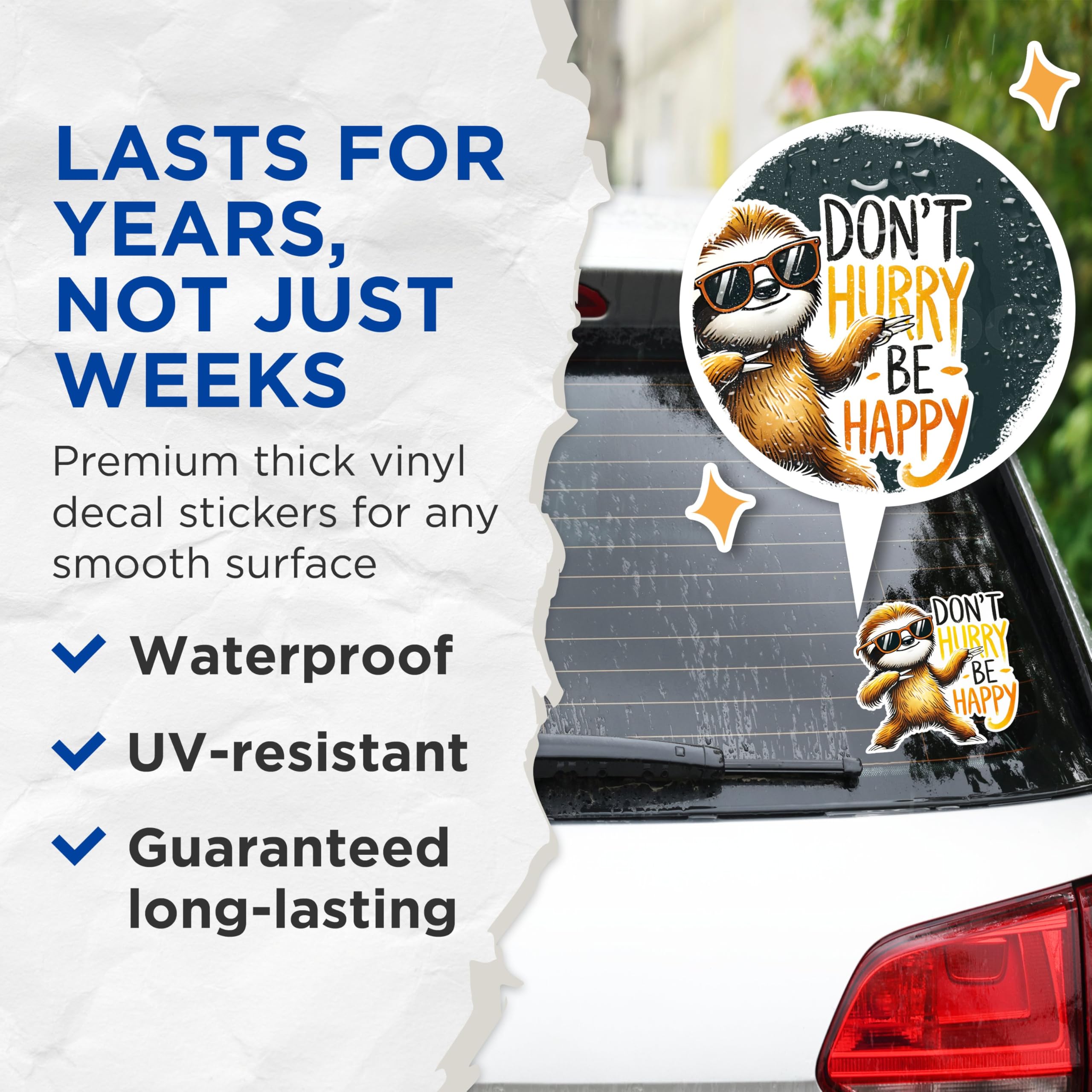 (2 Pack) Don't Hurry Be Happy Stickers - Cute Sloth Stickers - Inspirational Quote Stickers - 5" On Longest Side - Sticks to Any Smooth Flat Surface - Made in USA - BMCS2738