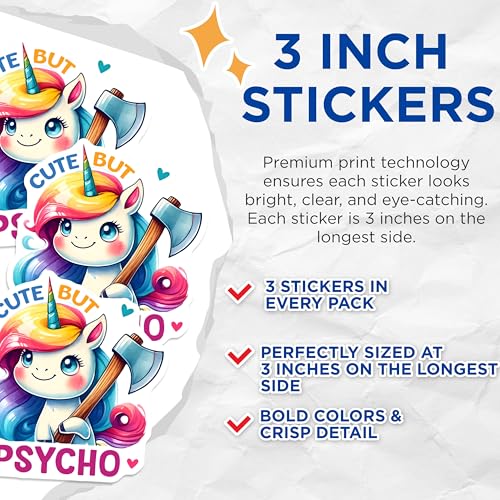 (3 Pack) Cute But Psycho Unicorn Decals - Funny Sarcastic Decals - Laptop Decal - 3 Inches On Longest Side - Easy Peel & Apply - Made in USA - 3MCS2114
