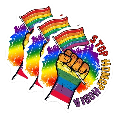 (3 Pack) Stop Homophobia Decals - LGBT Pride Decal - Equality Decals - 3 Inches On Longest Side - Easy Peel & Apply - Made in USA - 3MCS7952
