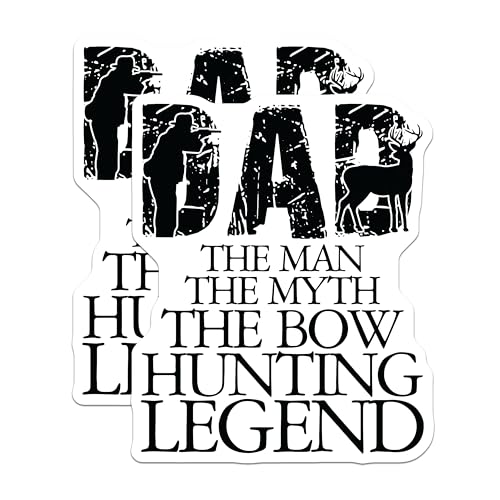 (2 Pack) Dad The Man The Myth The Bow Hunting Legend Stickers - Dad Hunting Stickers - Funny Dad Stickers - 5" On Longest Side - Sticks to Smooth Flat Surfaces - Made in USA - BMCS4820
