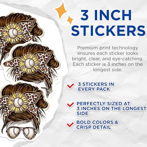 (3 Pack) Messy Bun Baseball Decals - Leopard Bandana Sunflower - Laptop Decals - 3 Inches On Longest Side - Easy Peel & Apply - Made in USA - 3MCS4963