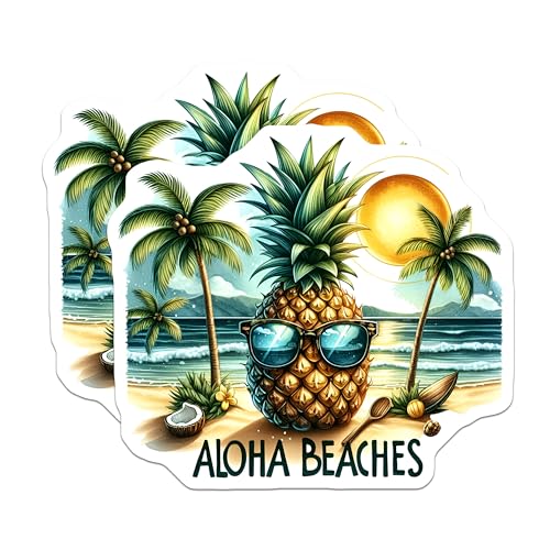 (2 Pack) Aloha Beaches Stickers - Pineapple Beach Vibes - 5" On Longest Side - Sticks to Smooth Flat Surfaces - Made in USA - BMCS9274 - BMCS9274