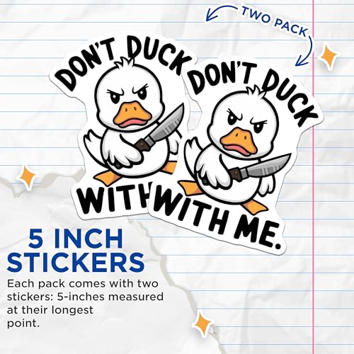 (2 Pack) Angry Duck Stickers - Funny Animal Meme - Sarcastic Quote - 5" On Longest Side - Sticks to Smooth Flat Surfaces - Made in USA - BMCS9539