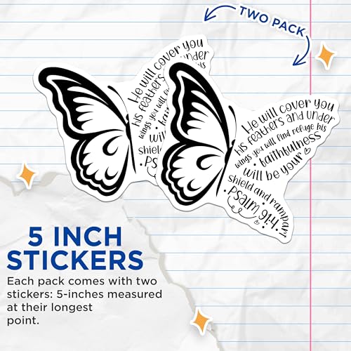 (2 Pack) Christian Butterfly Stickers - Psalm 91:4 Inspirational Stickers - Faith Quote Vinyl Stickers - 5" On Longest Side - Sticks to Smooth Flat Surfaces - Made in USA - BMCS3851