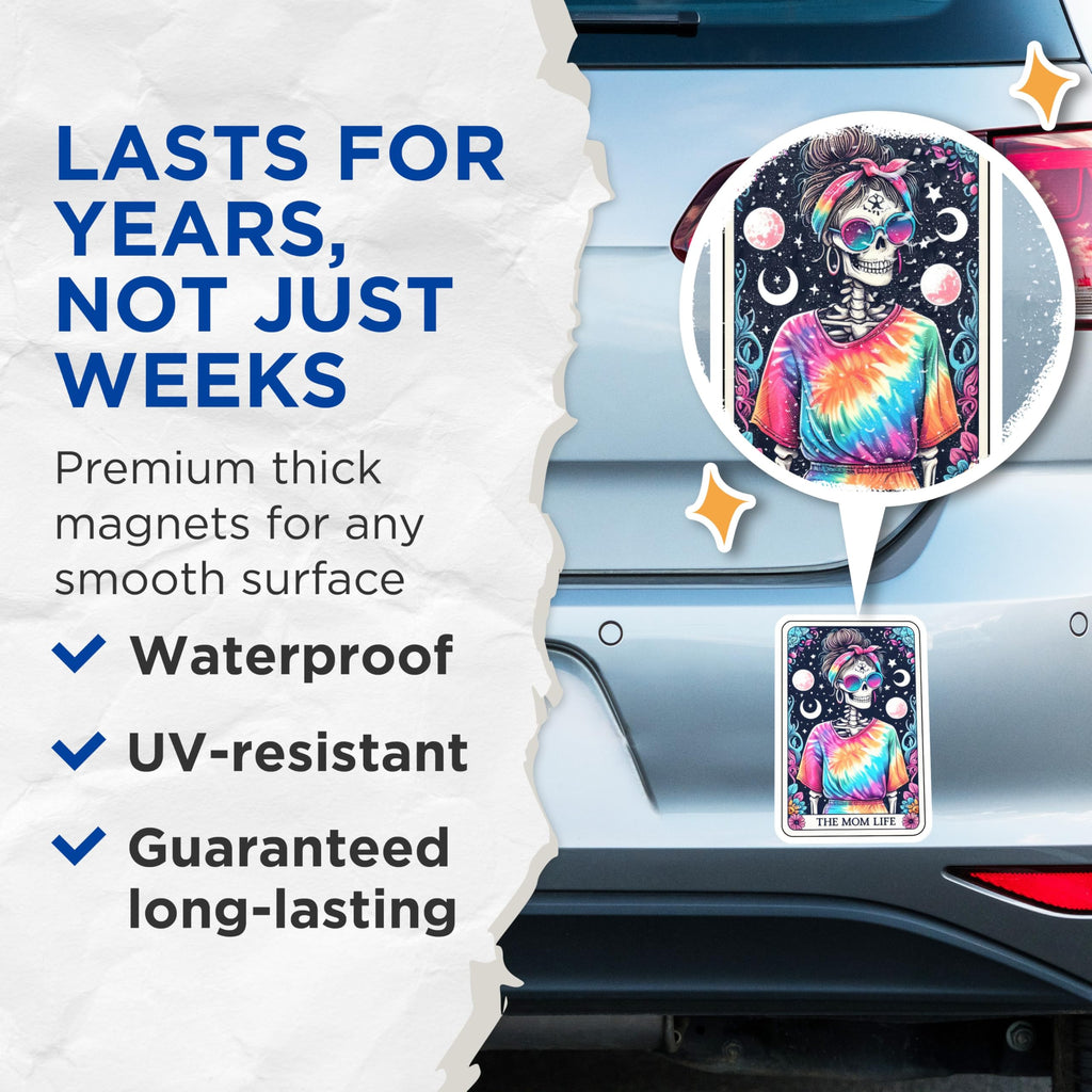 (2 Pack) Mom Life Skeleton Magnets - Tie Dye Boho Skull Decor - Funny Mom Quote Kitchen Accent - 5 Inches On Longest Side - Thick Durable Magnet - Made in USA - MAG20861