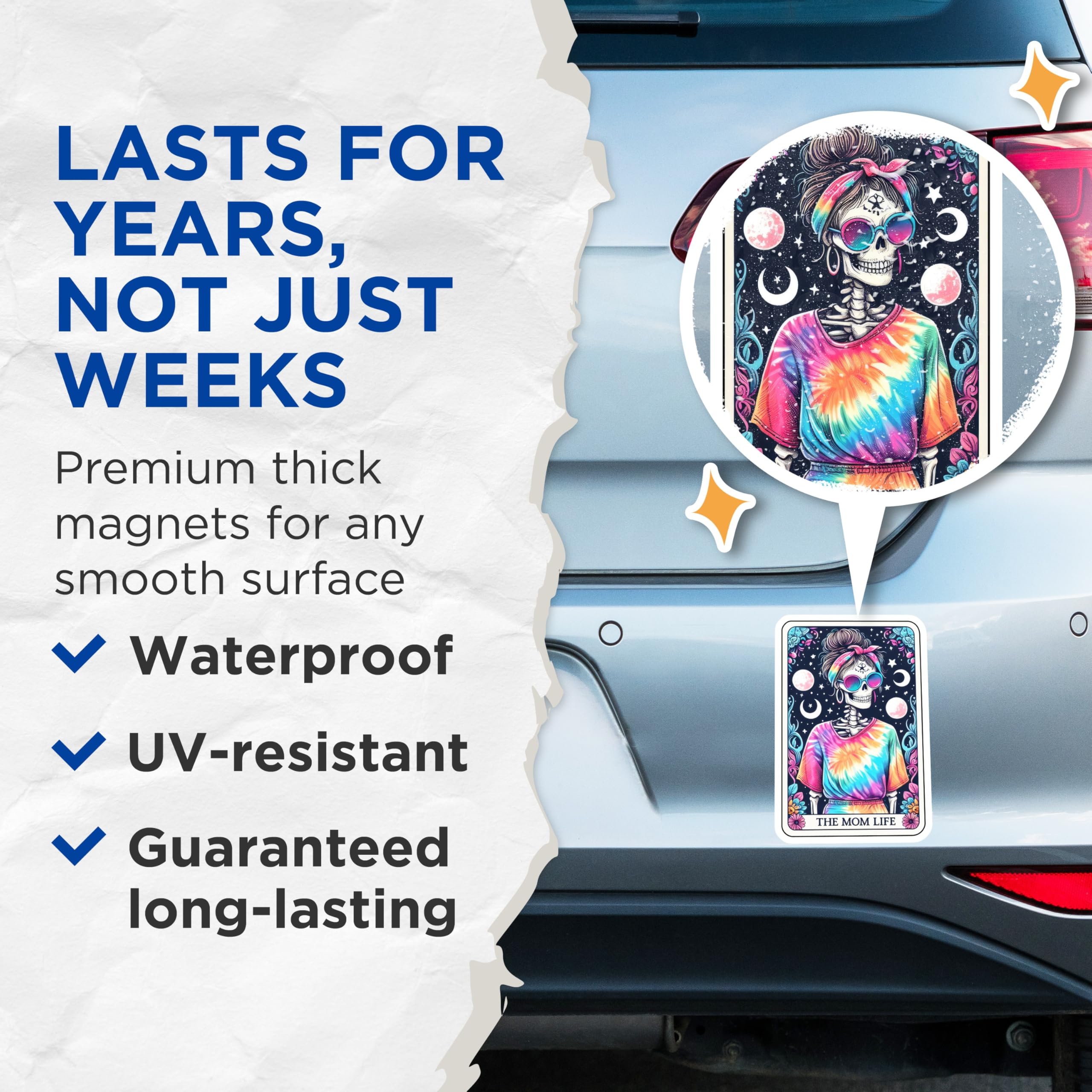 (2 Pack) Mom Life Skeleton Magnets - Tie Dye Boho Skull Decor - Funny Mom Quote Kitchen Accent - 5 Inches On Longest Side - Thick Durable Magnet - Made in USA - MAG20861