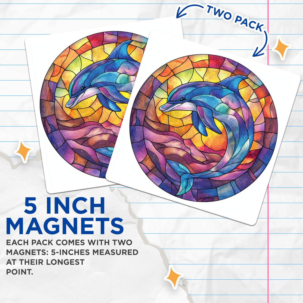 (2 Pack) Stained Glass Dolphin Magnets - Vibrant Ocean Sea Life Art - Coastal Decor Refrigerator Accessories - 5 Inches On Longest Side - Thick Durable Magnet - Made in USA - MAG26132