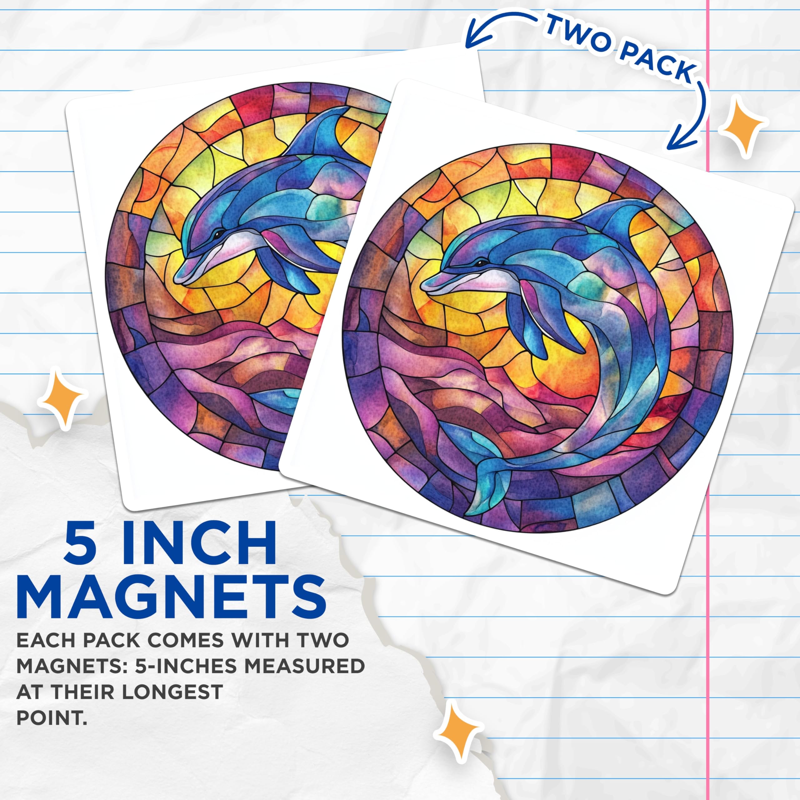 (2 Pack) Stained Glass Dolphin Magnets - Vibrant Ocean Sea Life Art - Coastal Decor Refrigerator Accessories - 5 Inches On Longest Side - Thick Durable Magnet - Made in USA - MAG26132