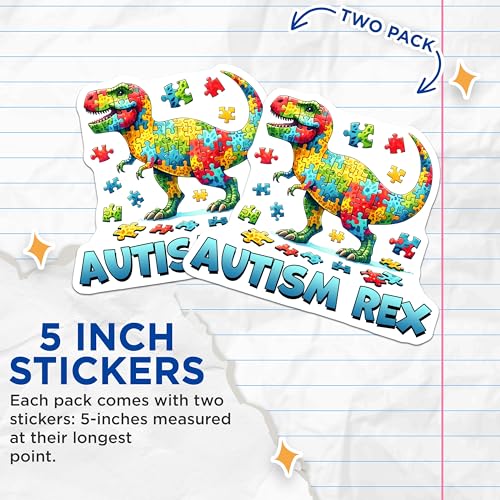 (2 Pack) Autism Rex Stickers - Dinosaur Puzzle - Autism Awareness Vinyl for Kids - 5" On Longest Side - Sticks to Smooth Flat Surfaces - Made in USA - BMCS8116