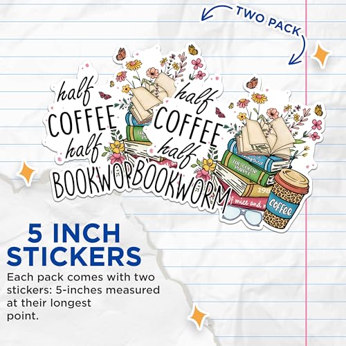 (2 Pack) Coffee Lover Stickers - Bookworm Stickers - Reading and Coffee Art - 5" On Longest Side - Sticks to Any Smooth Flat Surface - Made in USA - BMCS2877