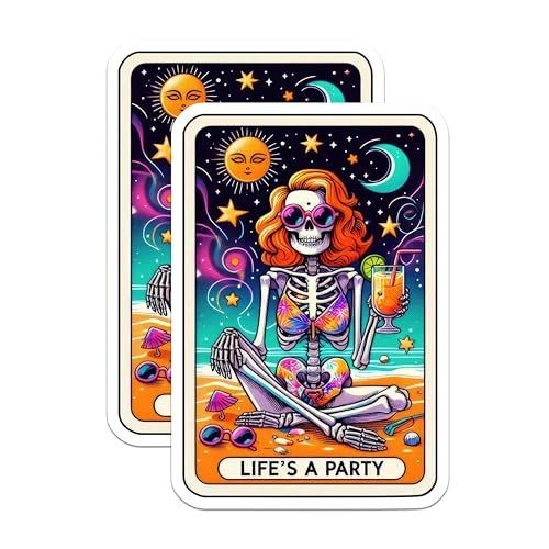 (2 Pack) Life's a Party Stickers - Skeleton Beach Party Stickers - Colorful Summer Fun Stickers - 5" On Longest Side - Sticks to Smooth Flat Surfaces - Made in USA - BMCS5145