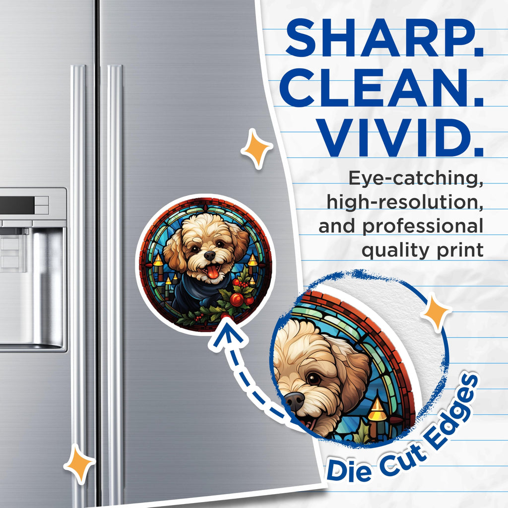 (2 Pack) Fluffy Christmas Dog Magnets - Stained Glass Puppy Art - Holiday Refrigerator Decor - 5 Inches On Longest Side - Thick Durable Magnet - Made in USA - MAG28508