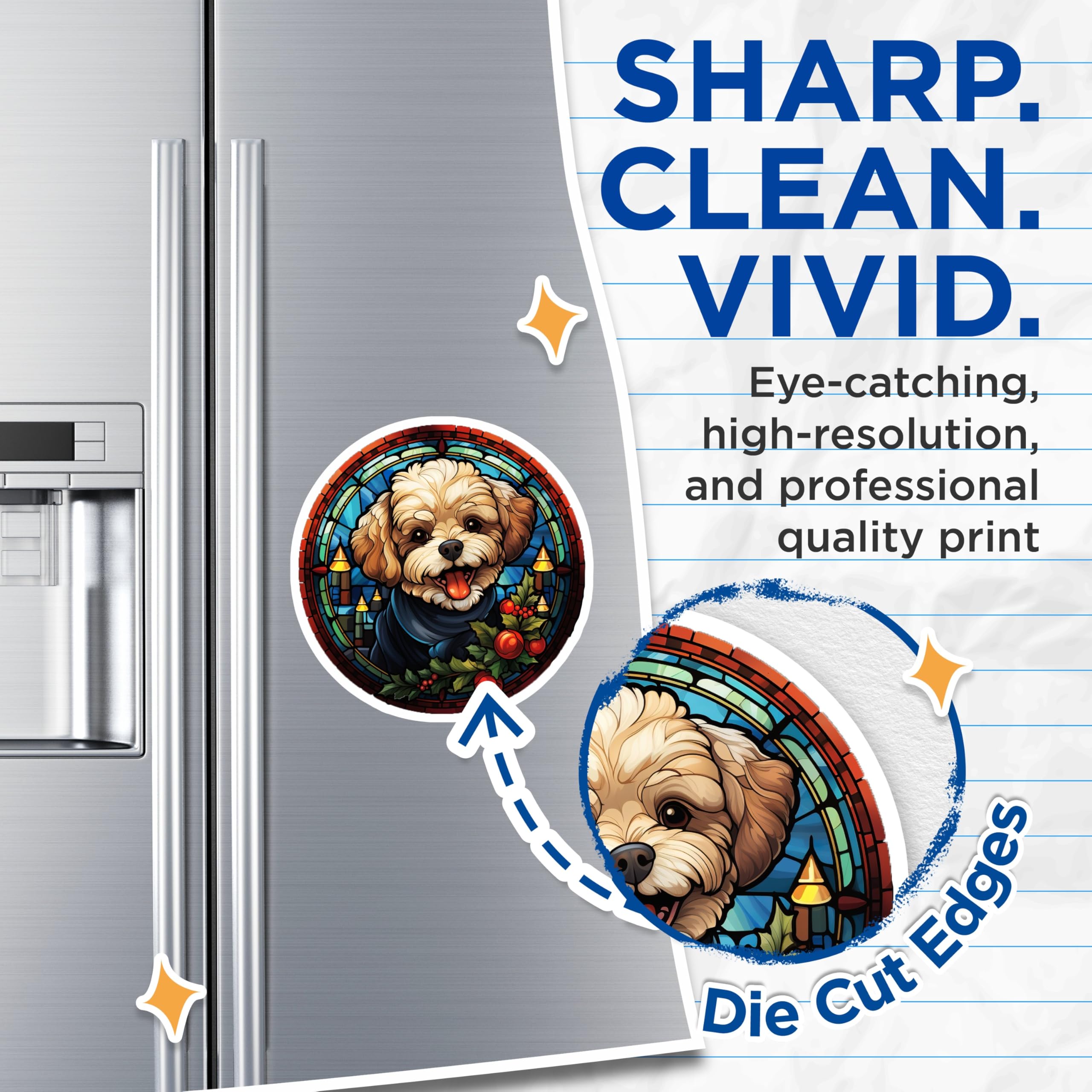 (2 Pack) Fluffy Christmas Dog Magnets - Stained Glass Puppy Art - Holiday Refrigerator Decor - 5 Inches On Longest Side - Thick Durable Magnet - Made in USA - MAG28508