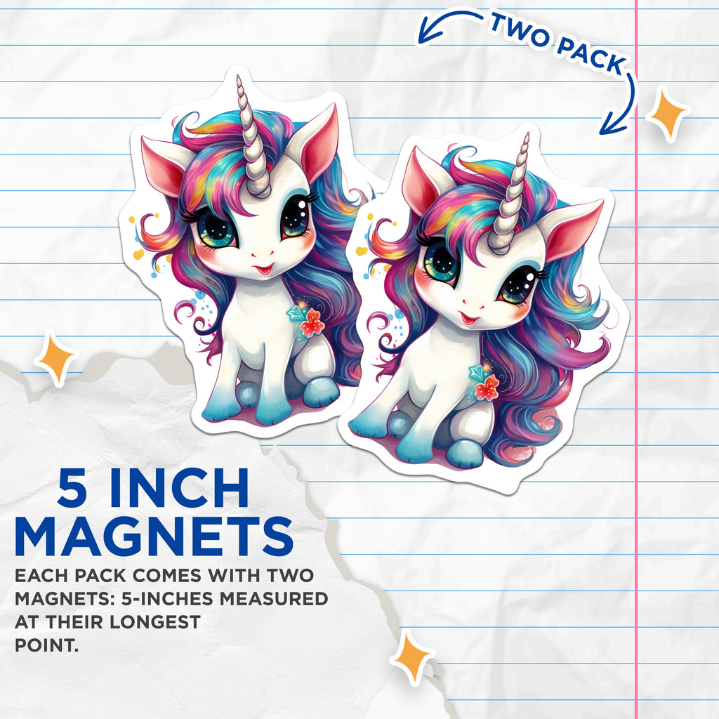 (2 Pack) Cute Unicorn Magnets - Rainbow Fantasy Decor - Kawaii Fridge Accessory for Girls Nursery Locker - 5 Inches On Longest Side - Thick Durable Magnet - Made in USA - MAG38091