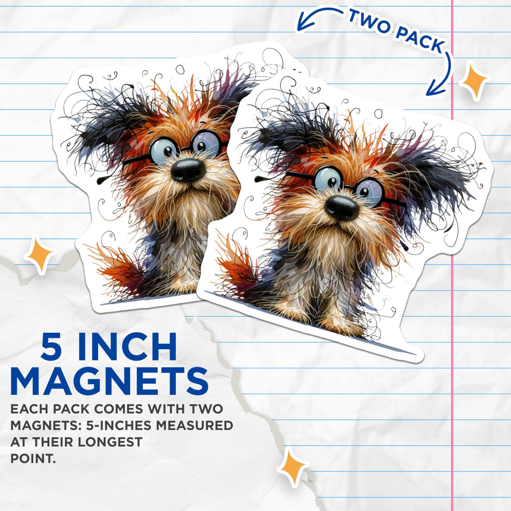 (2 Pack) Quirky Dog with Glasses Magnets - Messy Hair Pup Art - Pet Owner Refrigerator Decor - 5 Inches On Longest Side - Thick Durable Magnet - Made in USA - MAG27570