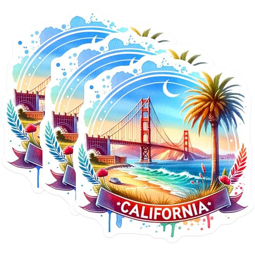 (3 Pack) California Decals - Golden Gate Bridge - Palm Tree Art Decal- 3 Inches On Longest Side - Easy Peel & Apply - Made in USA - 3MCS5792