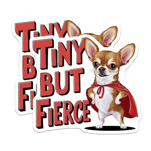 (2 Pack) Cute Dog Stickers - Inspirational Sayings - Tiny But Fierce - 5" On Longest Side - Sticks to Smooth Flat Surfaces - Made in USA - BMCS8536