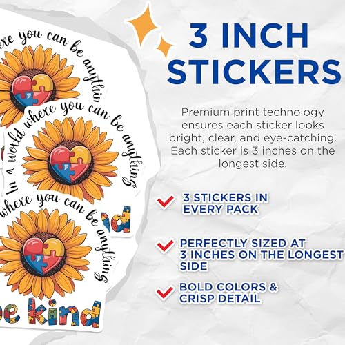 (3 Pack) Autism Awareness Decals - Sunflower Be Kind Sticker - Heart Puzzle Decal - 3 Inches On Longest Side - Easy Peel & Apply - Made in USA - 3MCS8610