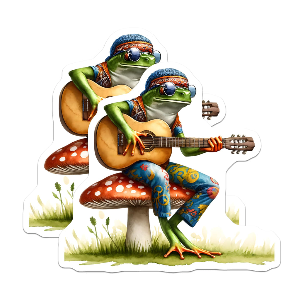(2 Pack) Frog Stickers - Hippie Frog Guitarist - Mushroom Art Stickers- 5" On Longest Side - Sticks to Smooth Flat Surfaces - Made in USA - BMCS16713