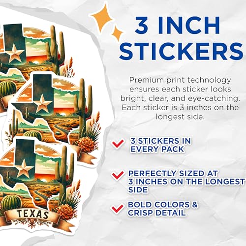 (3 Pack) Texas Decals - State Pride - Southwestern Decor - Laptop Decal- 3 Inches On Longest Side - Easy Peel & Apply - Made in USA - 3MCS5931